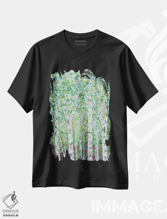تیشرت مشکی طرح دار چوب غان سبز II، مدیوم اثر آن مری کولیک | immage.ir