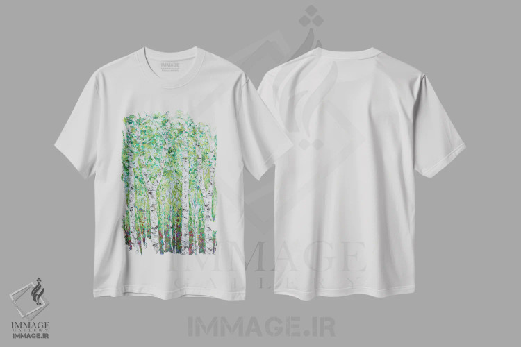 تیشرت سفید طرح دار چوب غان سبز II، مدیوم اثر آن مری کولیک | فروشگاه ایماژ