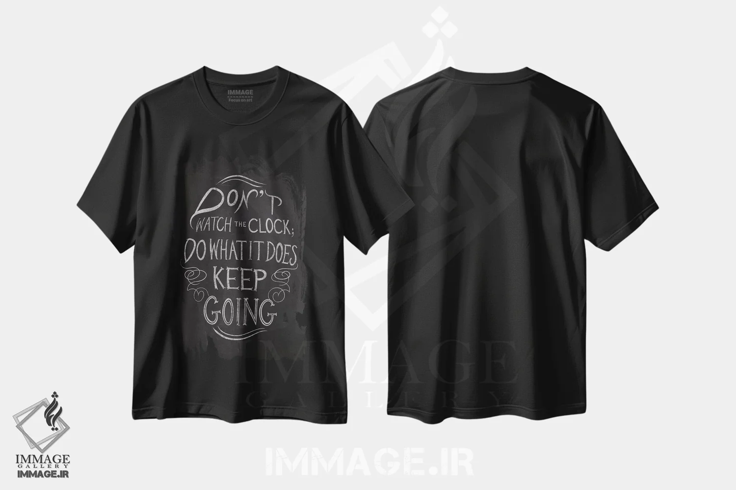 تیشرت مشکی طرح دار به ساعت نگاه نکن، هنر تزئینی سیاه و سفید اثر فایو بای فایو کالکتیو | فروشگاه ایماژ
