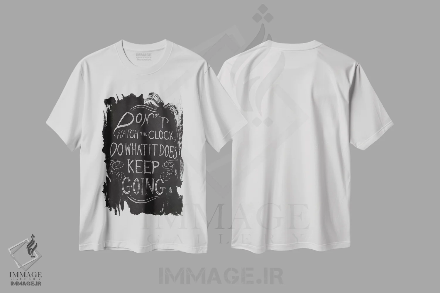 تیشرت سفید طرح دار به ساعت نگاه نکن، هنر تزئینی سیاه و سفید اثر فایو بای فایو کالکتیو | immage.ir