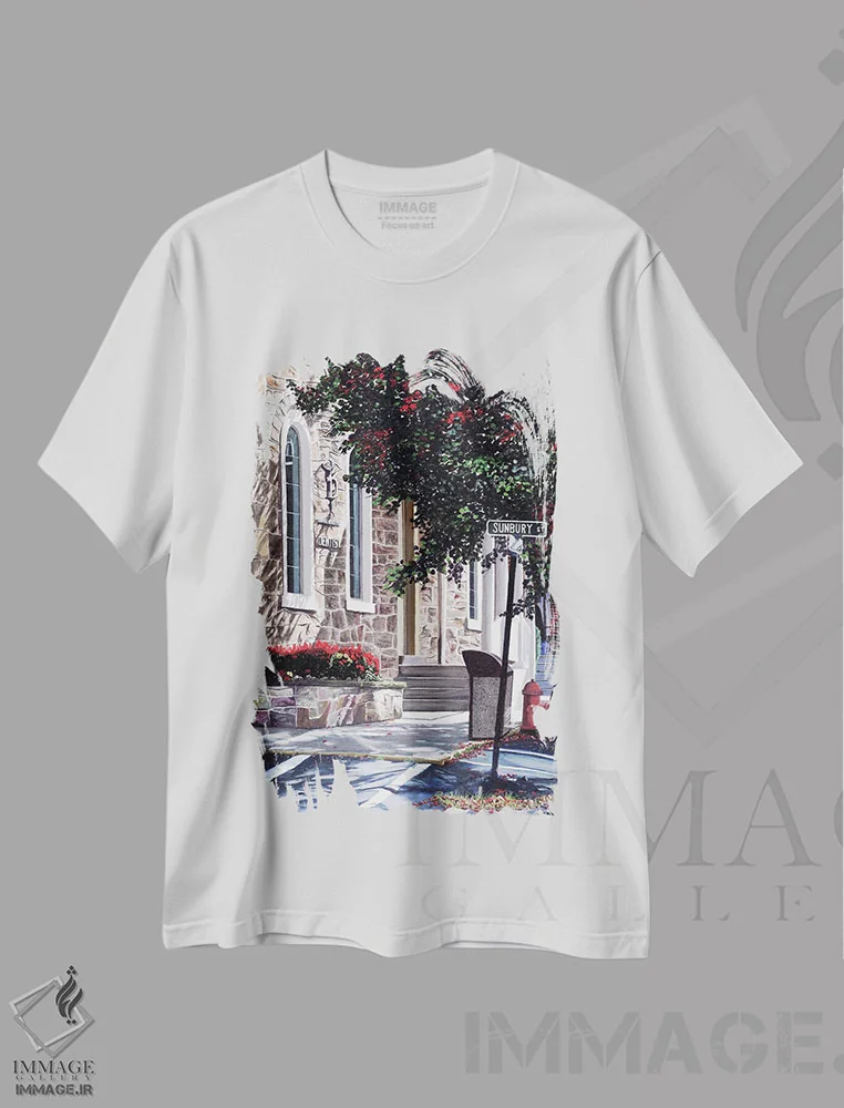 تیشرت سفید طرح دار خیابان سانبری، دکور معاصر اثر کریستوفر لیتر | فروشگاه ایماژ