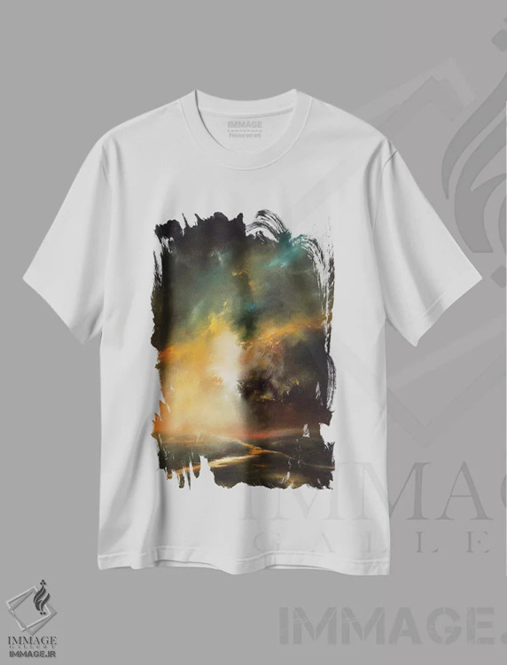 تیشرت سفید طرح دار همراه با ابرهای طوفانی، آبستره اثر کریستوفر لیتر | فروشگاه ایماژ