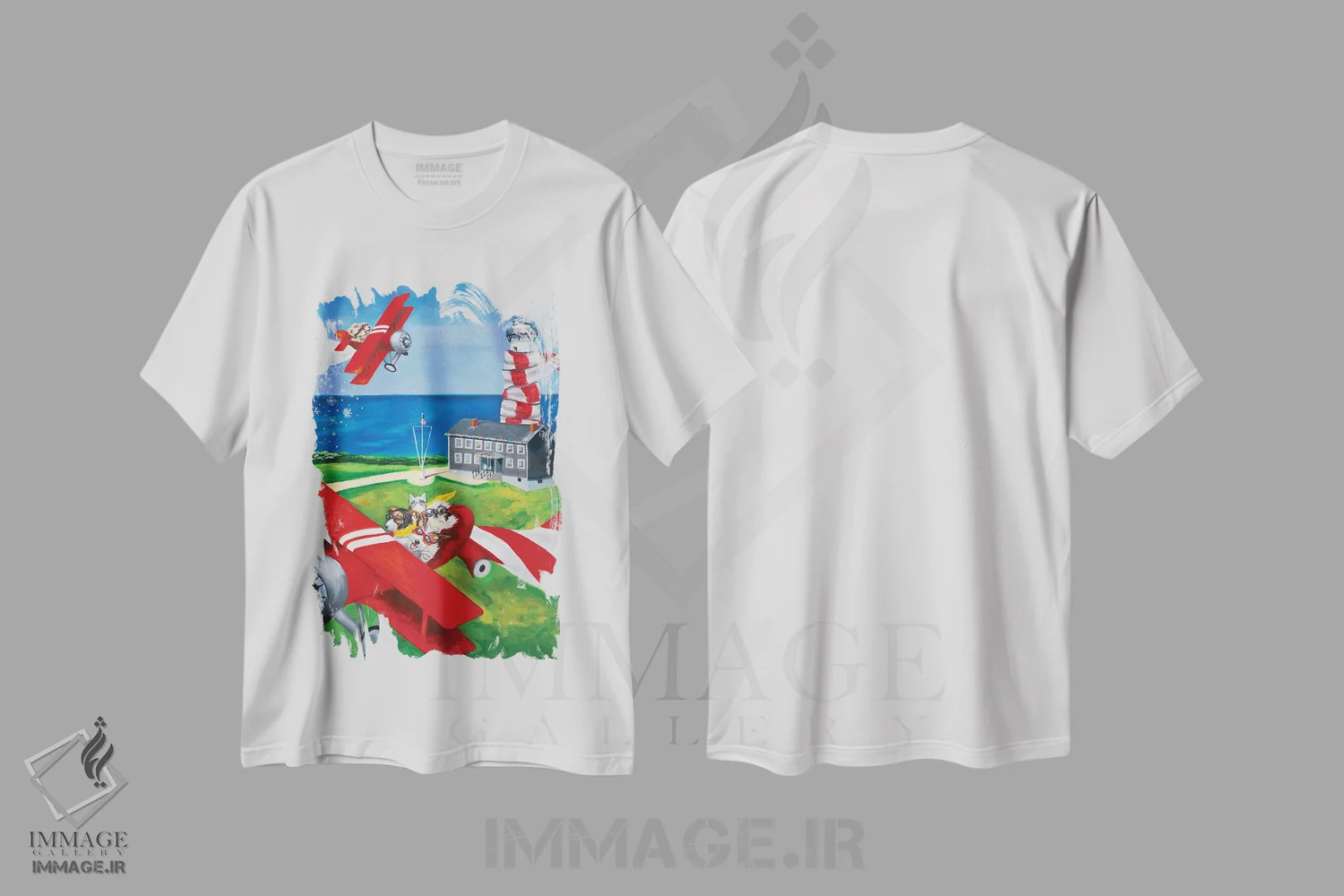 تیشرت سفید طرح دار تزئین فانوس دریایی مونتاک، هنر فاخر معاصر اثر کارول لوز | فروشگاه ایماژ