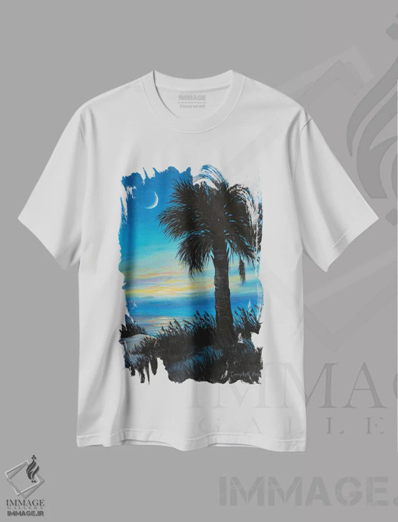 تیشرت سفید طرح دار هلال پالمتو، دکور ساحلی اثر کمبل فراست | فروشگاه ایماژ