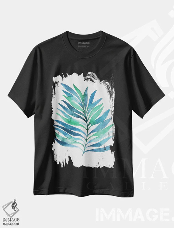 تیشرت مشکی طرح دار برگ های سبز و آبی آبرنگی شماره یک، آبستره اثر کامیلا خونکوس | فروشگاه ایماژ