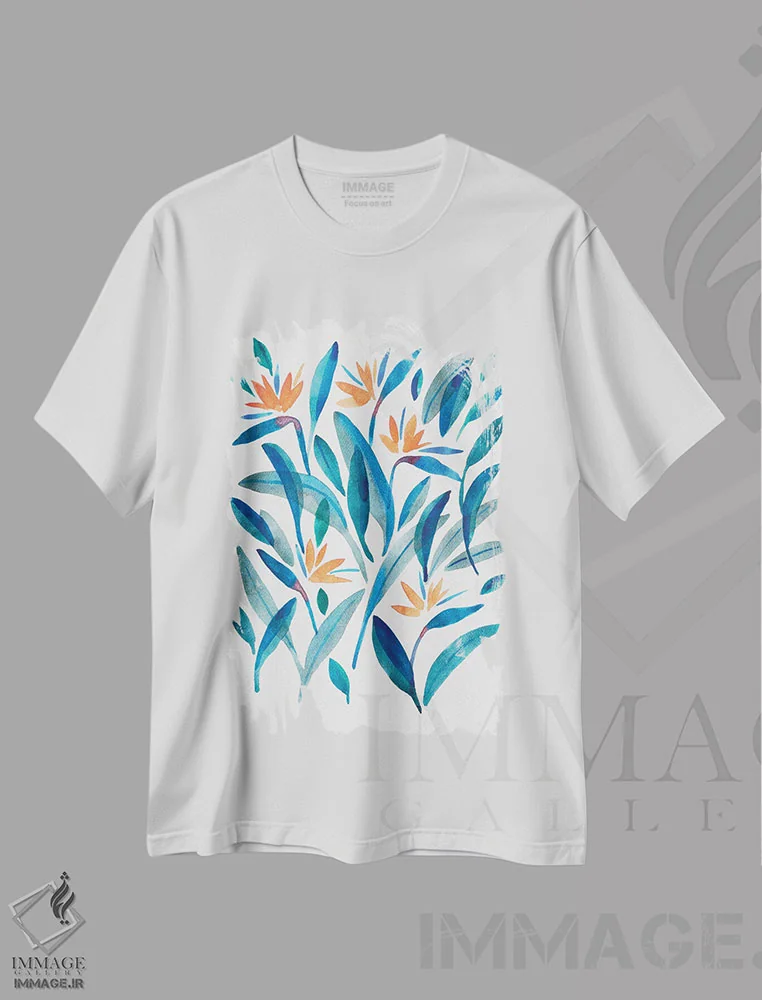 تیشرت سفید طرح دار گل پرنده بهشتی شماره دو، آبستره اثر کامیلا خونکوس | فروشگاه ایماژ