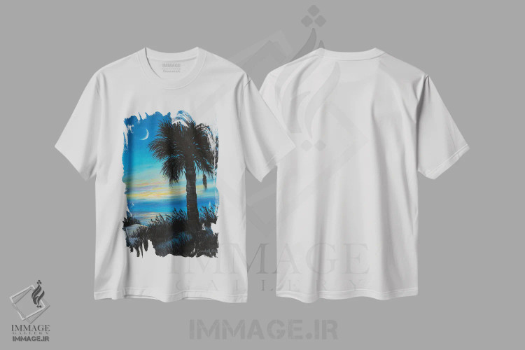 تیشرت سفید طرح دار هلال پالمتو، دکور ساحلی اثر کمبل فراست | فروشگاه ایماژ