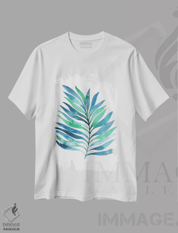 تیشرت سفید طرح دار برگ های سبز و آبی آبرنگی شماره یک، آبستره اثر کامیلا خونکوس | immage.ir