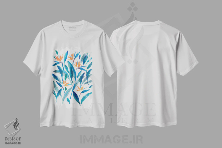 تیشرت سفید طرح دار گل پرنده بهشتی شماره دو، آبستره اثر کامیلا خونکوس | فروشگاه ایماژ