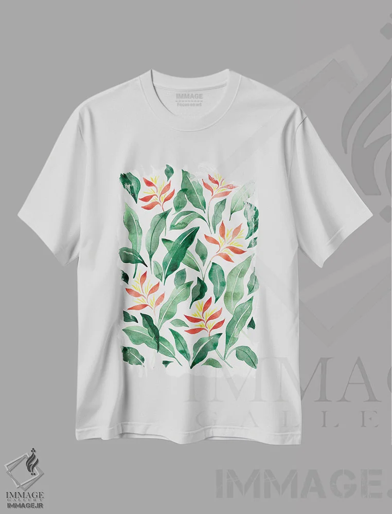 تیشرت سفید طرح دار گل طوطی برزیلی، آبستره اثر کامیلا خونکوس | فروشگاه ایماژ