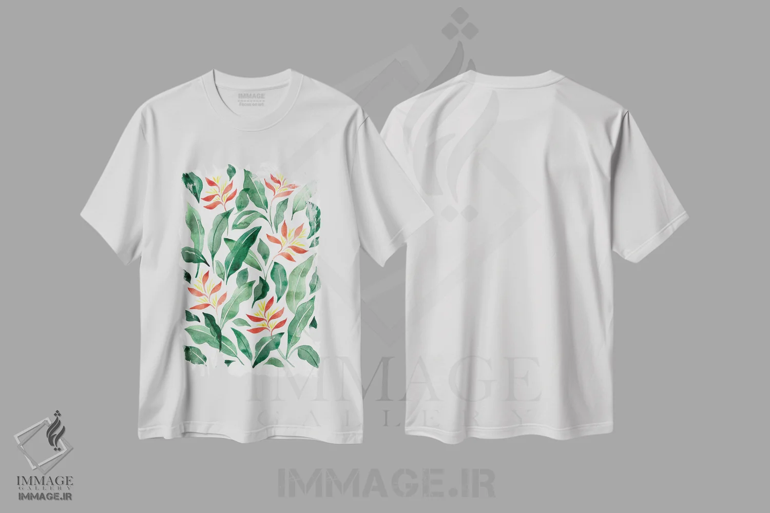 تیشرت سفید طرح دار گل طوطی برزیلی، آبستره اثر کامیلا خونکوس | فروشگاه ایماژ