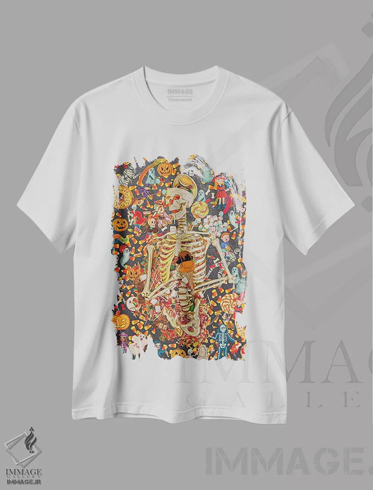 تیشرت سفید طرح دار اسکلت های شیرین و ترسناک، تزئینی اثر کلودیا مک کینی | immage.ir