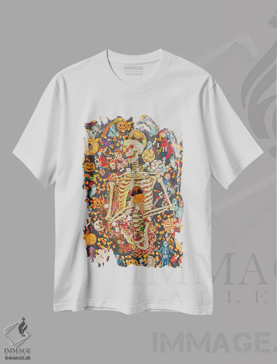 تیشرت سفید طرح دار اسکلت های شیرین و ترسناک، تزئینی اثر کلودیا مک کینی | immage.ir
