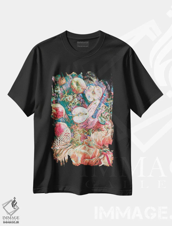 تیشرت مشکی طرح دار فصل سیب، تزئینی اثر کلودیا مک کینی | فروشگاه ایماژ