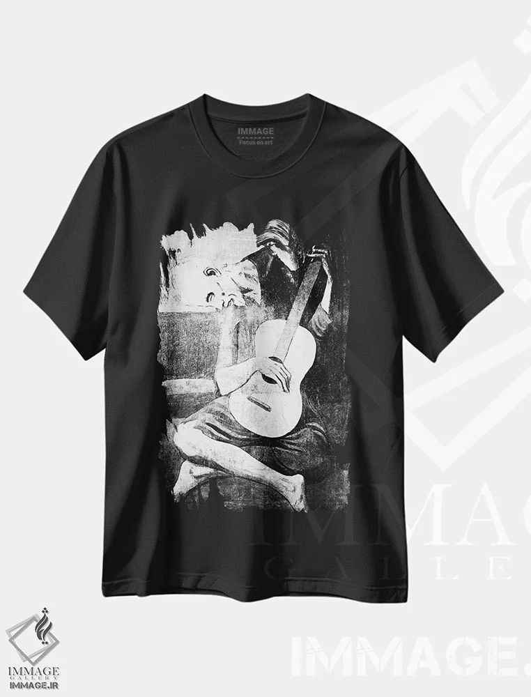 تیشرت مشکی طرح دار نوازنده پیر گیتار هفتم، هنر دیجیتال سیاه و سفید اثر فایو بای فایو کالکتیو | immage.ir
