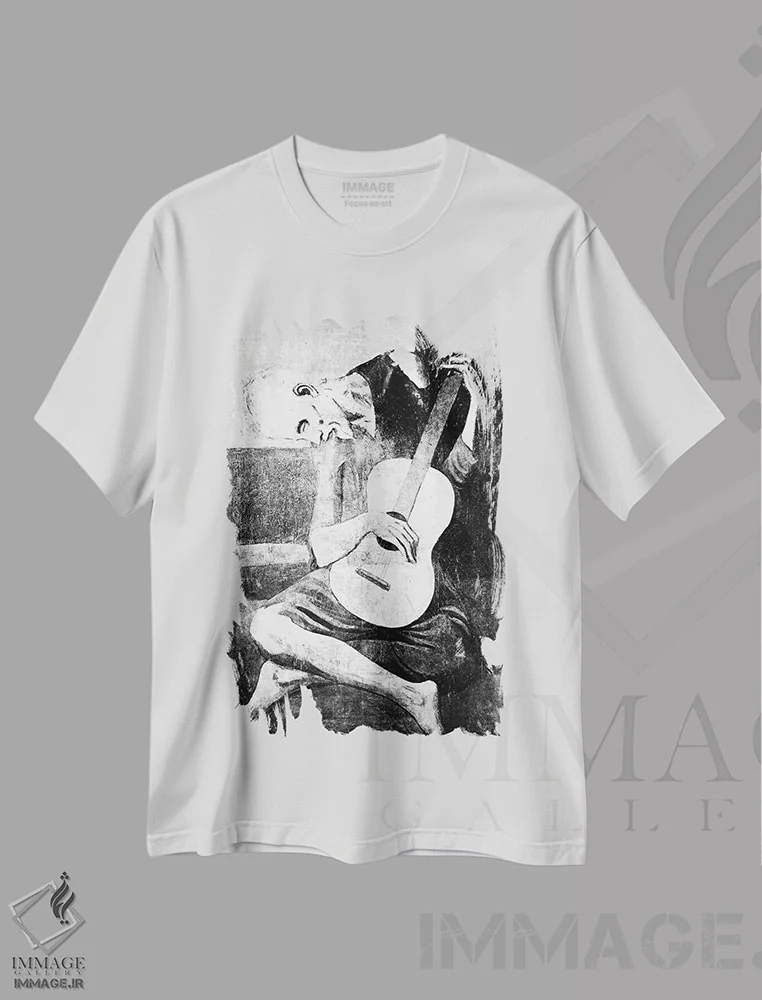 تیشرت سفید طرح دار نوازنده پیر گیتار هفتم، هنر دیجیتال سیاه و سفید اثر فایو بای فایو کالکتیو | فروشگاه ایماژ