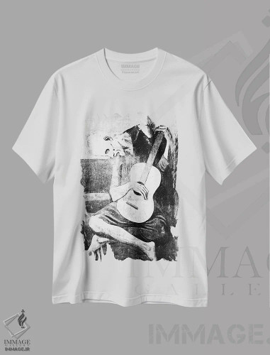 تیشرت سفید طرح دار نوازنده پیر گیتار هفتم، هنر دیجیتال سیاه و سفید اثر فایو بای فایو کالکتیو | فروشگاه ایماژ