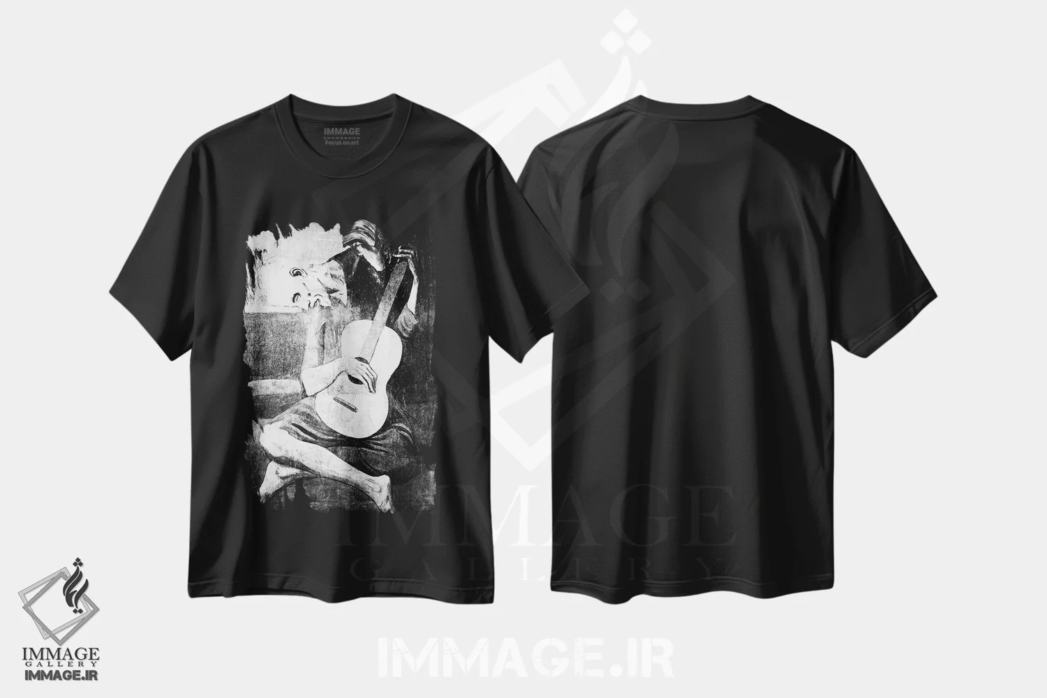 تیشرت مشکی طرح دار نوازنده پیر گیتار هفتم، هنر دیجیتال سیاه و سفید اثر فایو بای فایو کالکتیو | immage.ir