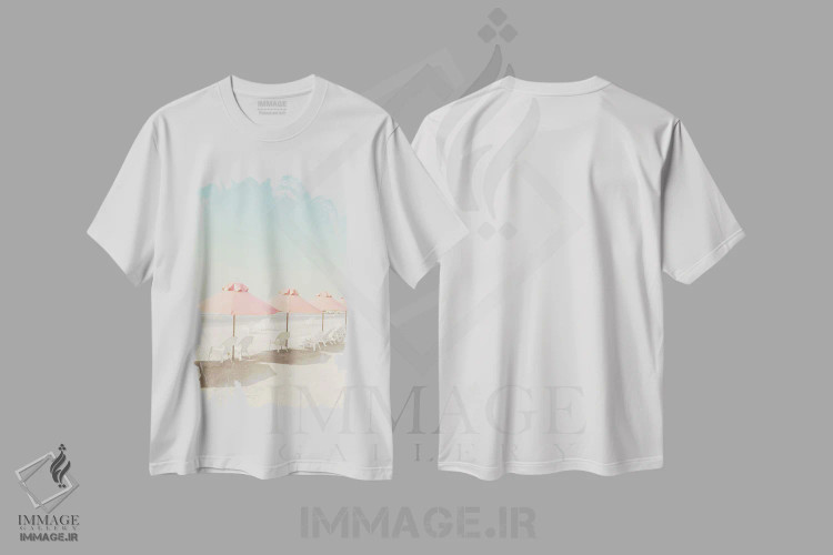 تیشرت سفید طرح دار چترهای پاستلی در کنار ساحل، دکور ساحلی اثر کارولین مینت | immage.ir