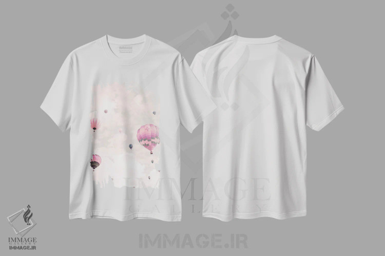 تیشرت سفید طرح دار بادکنک ها بر فراز آسمان صورتی، مدیوم اثر کارولین مینت | فروشگاه ایماژ