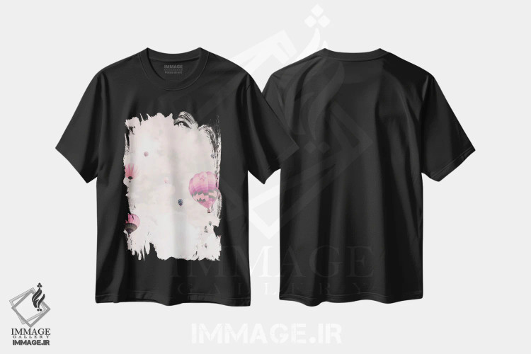 تیشرت مشکی طرح دار بادکنک ها بر فراز آسمان صورتی، مدیوم اثر کارولین مینت | immage.ir