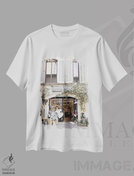 تیشرت سفید طرح دار فروشگاه پروانس، تزئینی اثر کارولین مینت | immage.ir