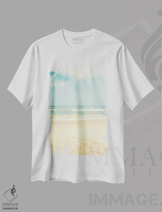 تیشرت سفید طرح دار امواج ساحل، دکور ساحلی اثر کارولین مینت | فروشگاه ایماژ