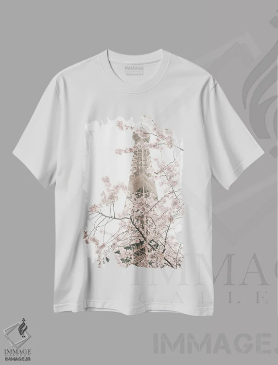 تیشرت سفید طرح دار برج ایفل و شکوفه های گیلاس، تزئینی اثر کارولین مینت | immage.ir