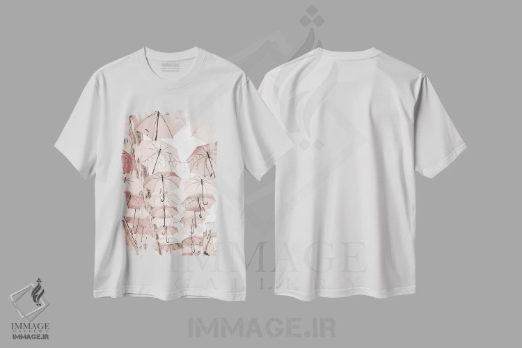 تیشرت سفید طرح دار پاریس در صورتی کمرنگ، چترها، مدیوم اثر کارولین مینت | immage.ir