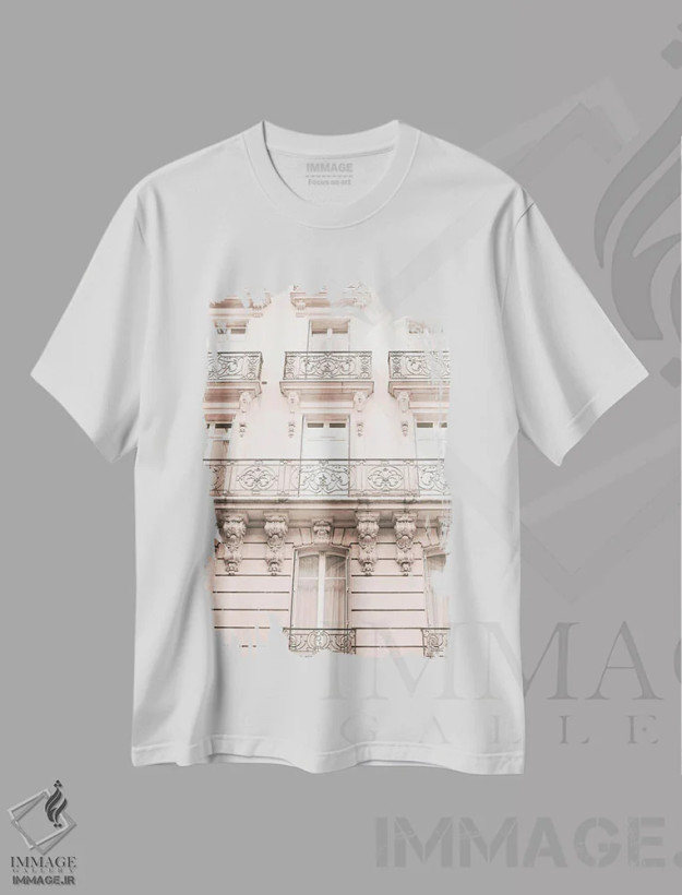 تیشرت سفید طرح دار پاریس در صورتی کمرنگ، نماها، تزئینی اثر کارولین مینت | فروشگاه ایماژ