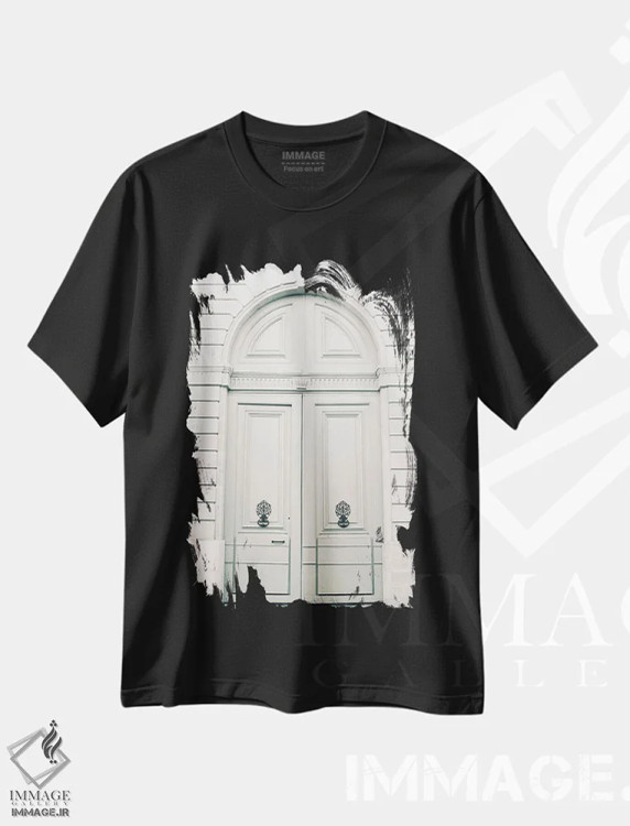 تیشرت مشکی طرح دار پاریس در صورتی کمرنگ، در، تزئینی اثر کارولین مینت | فروشگاه ایماژ