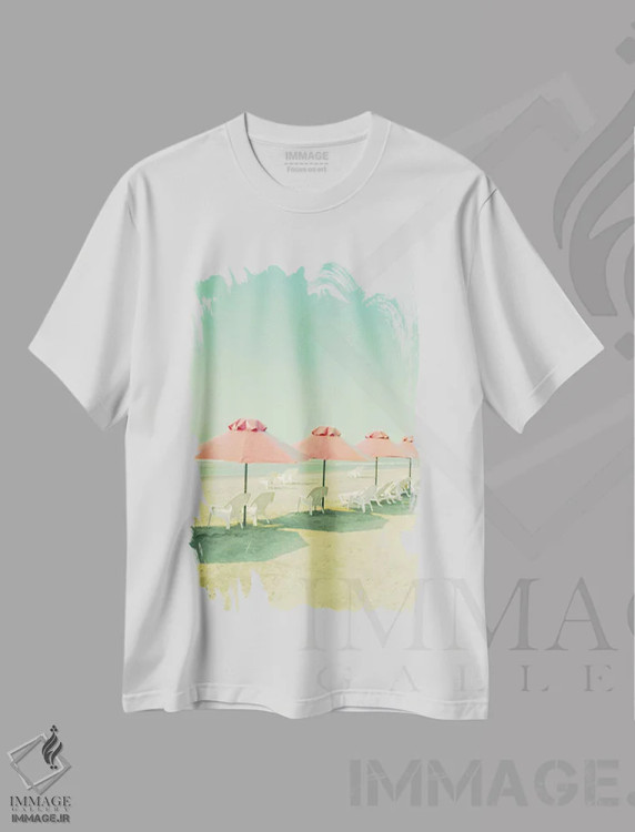 تیشرت سفید طرح دار چترهای مرجانی در ساحل، دکور ساحلی اثر کارولین مینت | immage.ir