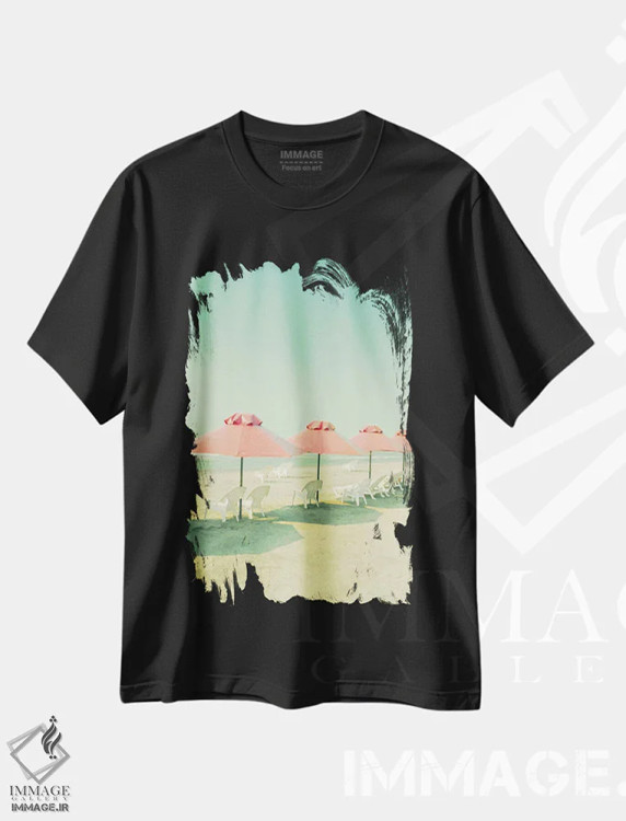 تیشرت مشکی طرح دار چترهای مرجانی در ساحل، دکور ساحلی اثر کارولین مینت | فروشگاه ایماژ