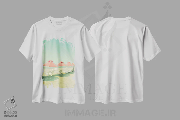 تیشرت سفید طرح دار چترهای مرجانی در ساحل، دکور ساحلی اثر کارولین مینت | immage.ir