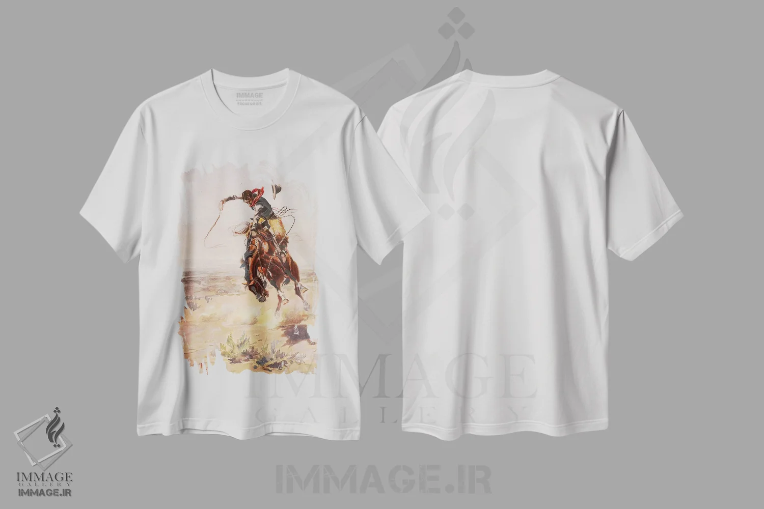 تیشرت سفید طرح دار یک اسب بد اثر چارلز ماریون راسل | immage.ir