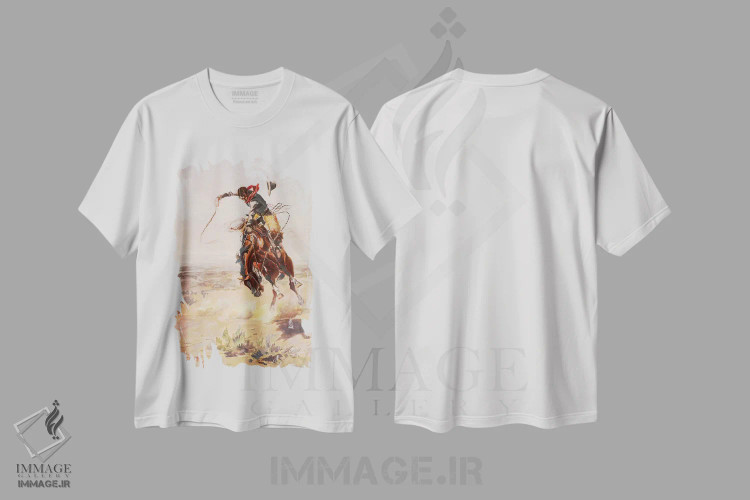 تیشرت سفید طرح دار یک اسب بد اثر چارلز ماریون راسل | immage.ir