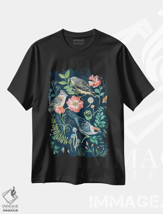 تیشرت مشکی طرح دار باغ پرندگان، دکور معاصر اثر کلارا مک آلیستر | فروشگاه ایماژ