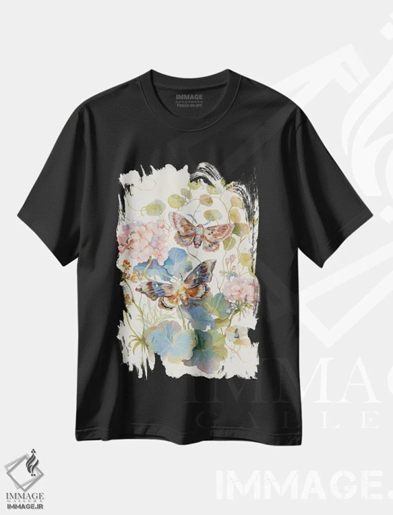 تیشرت مشکی طرح دار شب پره گل دار شمعدانی، تزئینی اثر کلارا مک آلیستر | فروشگاه ایماژ