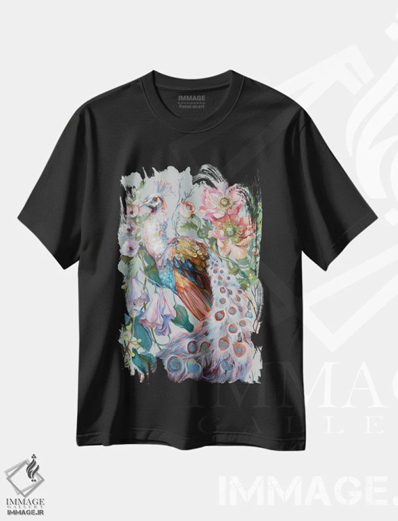 تیشرت مشکی طرح دار طاووس گل دار، تزئینی اثر کلارا مک آلیستر | فروشگاه ایماژ
