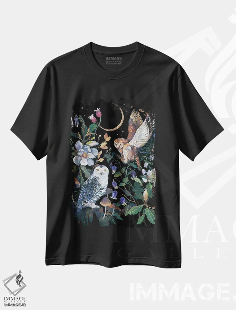 تیشرت مشکی طرح دار مگنولیا و جغدها، تزئینی اثر کلارا مک آلیستر | immage.ir