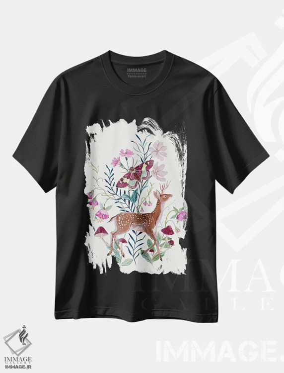 تیشرت مشکی طرح دار گوزن گل دار، دکور معاصر اثر کلارا مک آلیستر | فروشگاه ایماژ