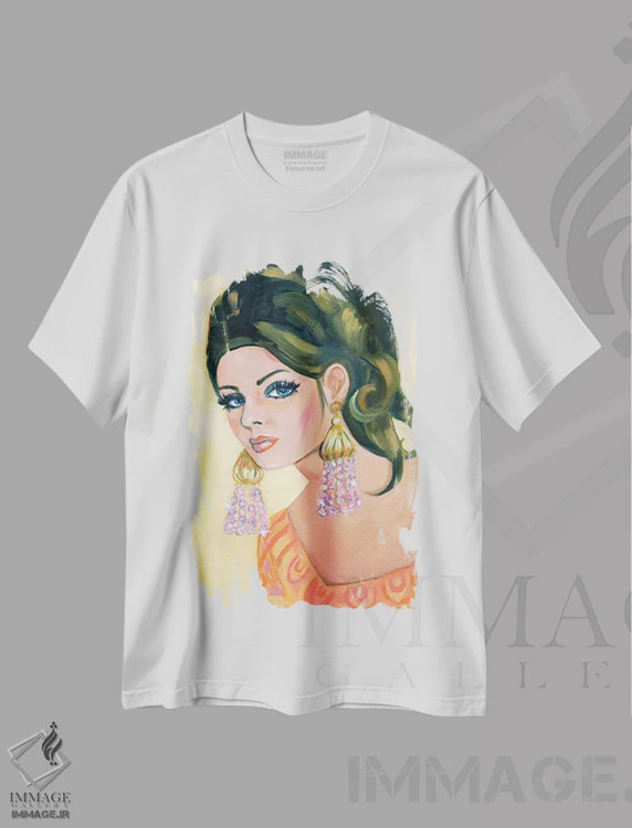 تیشرت سفید طرح دار دختر روی جلد کلاسیک، هنر فاخر معاصر اثر کتی مینگوس | فروشگاه ایماژ