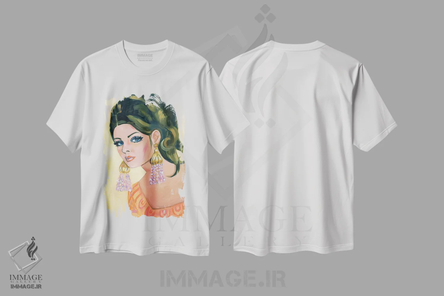 تیشرت سفید طرح دار دختر روی جلد کلاسیک، هنر فاخر معاصر اثر کتی مینگوس | فروشگاه ایماژ
