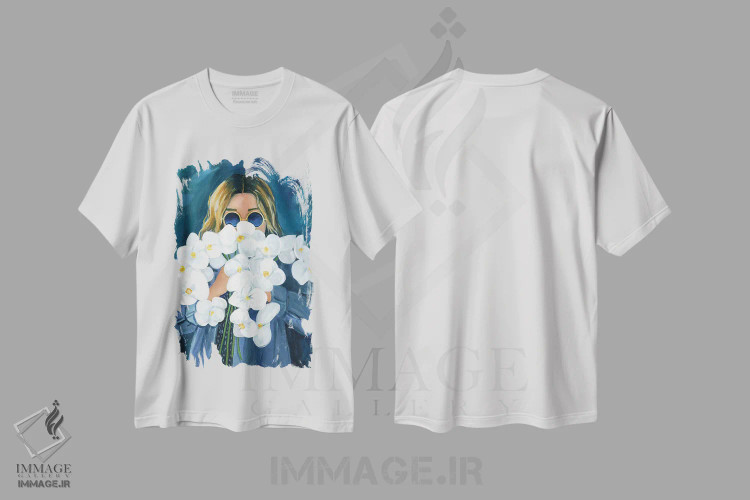 تیشرت سفید طرح دار دختر با گل های ارکیده، هنر فاخر معاصر اثر کتی مینگوس | فروشگاه ایماژ