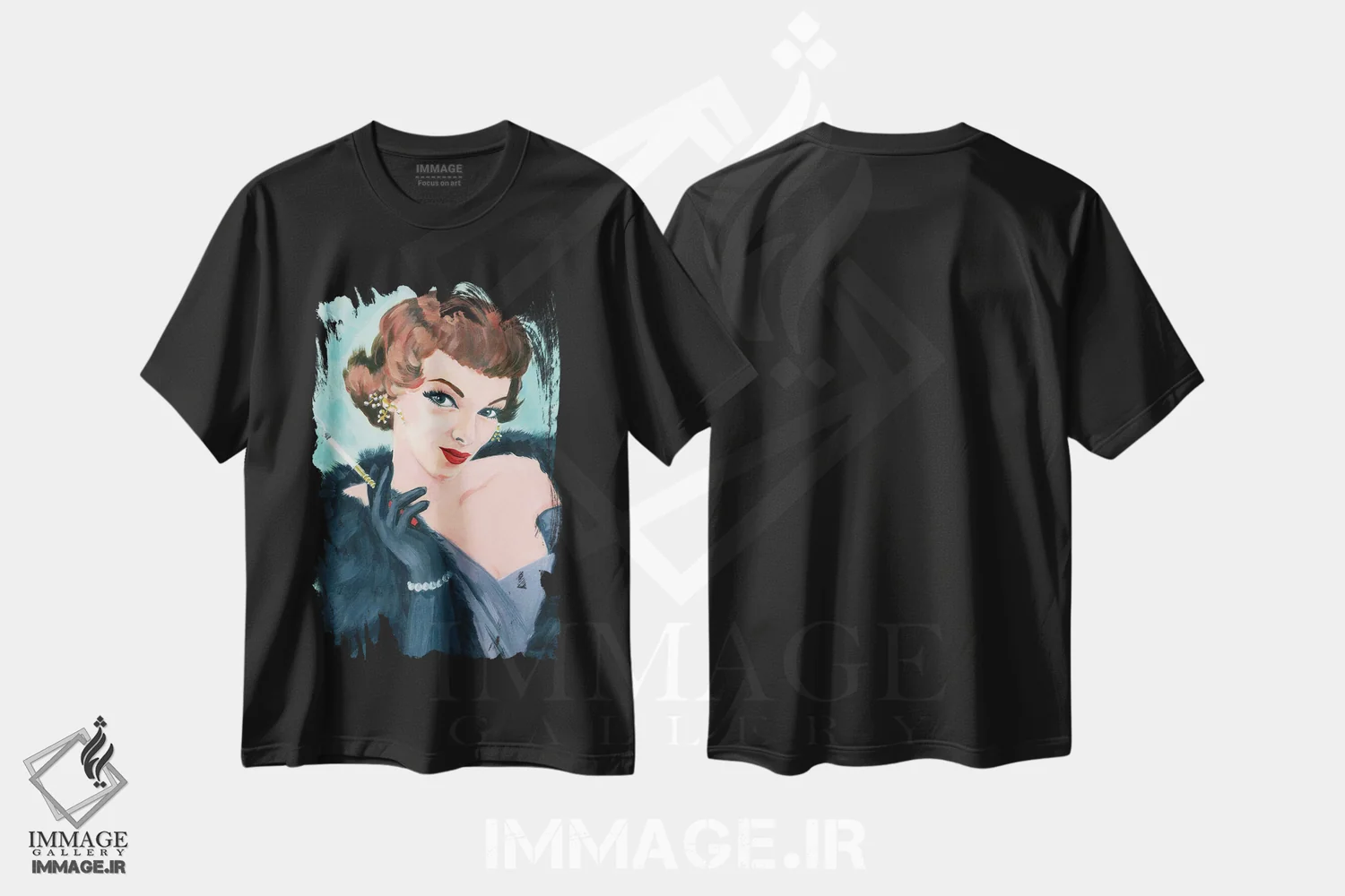 تیشرت مشکی طرح دار دختر جذاب، هنر فاخر معاصر اثر کتی مینگوس | فروشگاه ایماژ
