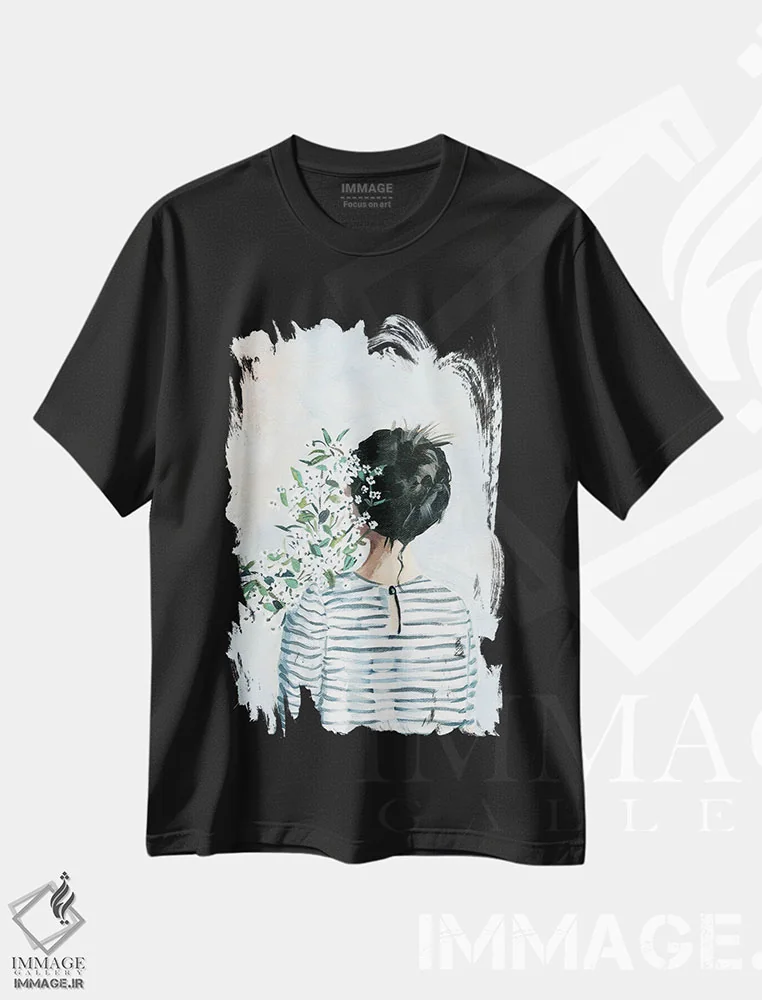 تیشرت مشکی طرح دار دختر با دسته گل، هنر فاخر معاصر اثر کتی مینگوس | immage.ir