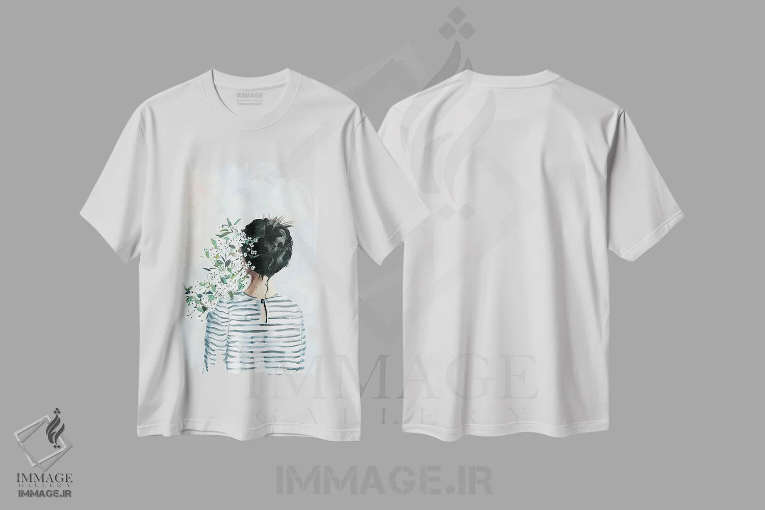 تیشرت سفید طرح دار دختر با دسته گل، هنر فاخر معاصر اثر کتی مینگوس | فروشگاه ایماژ