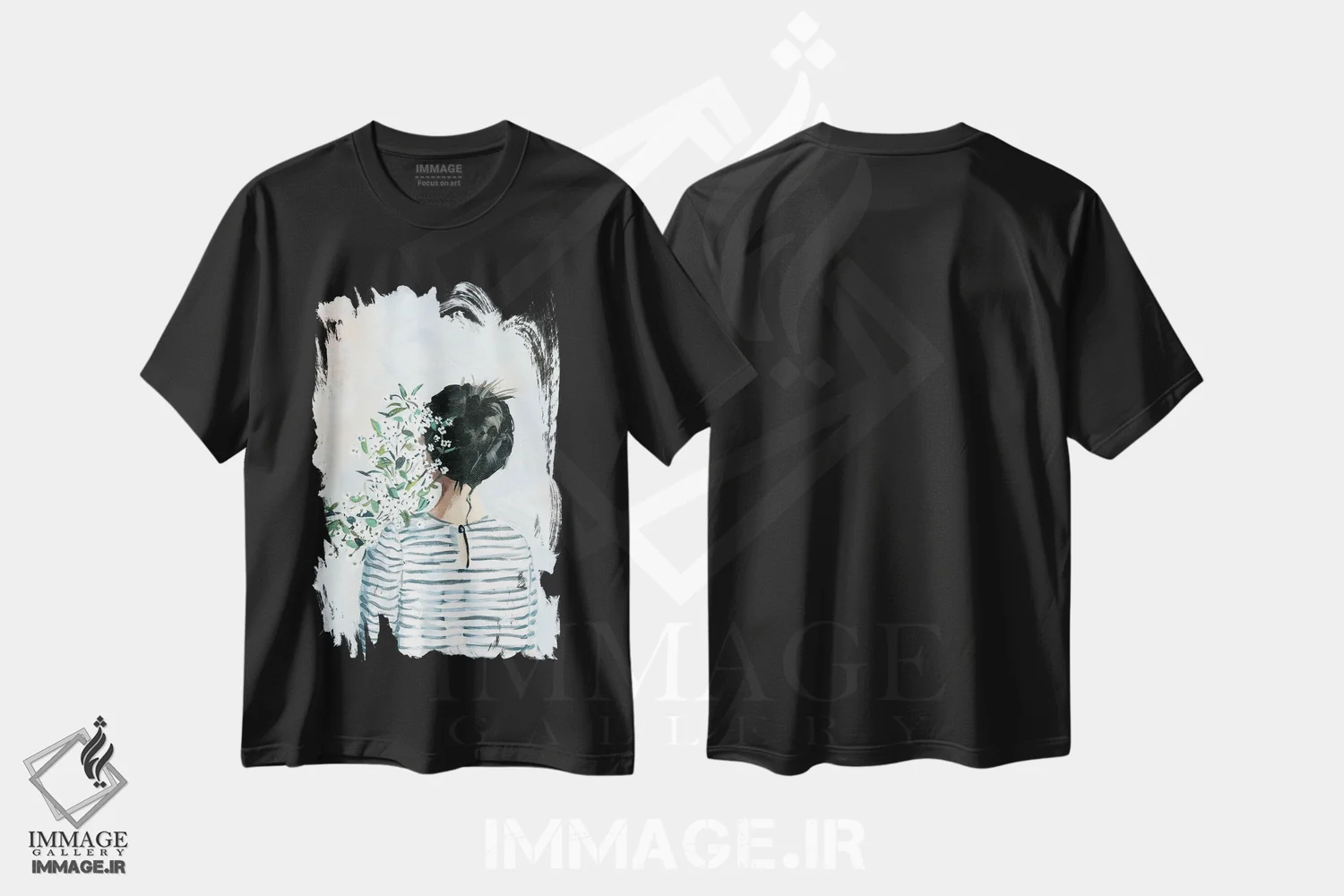 تیشرت مشکی طرح دار دختر با دسته گل، هنر فاخر معاصر اثر کتی مینگوس | immage.ir
