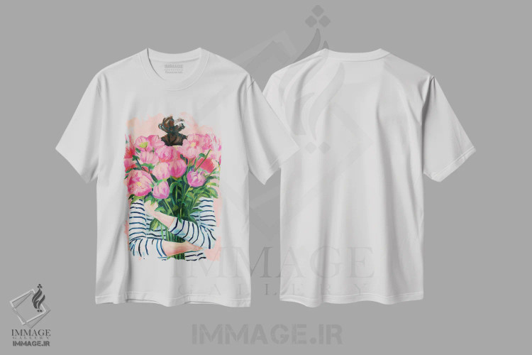تیشرت سفید طرح دار جشن گل های صدتومانی، هنر فاخر معاصر اثر کتی مینگوس | immage.ir