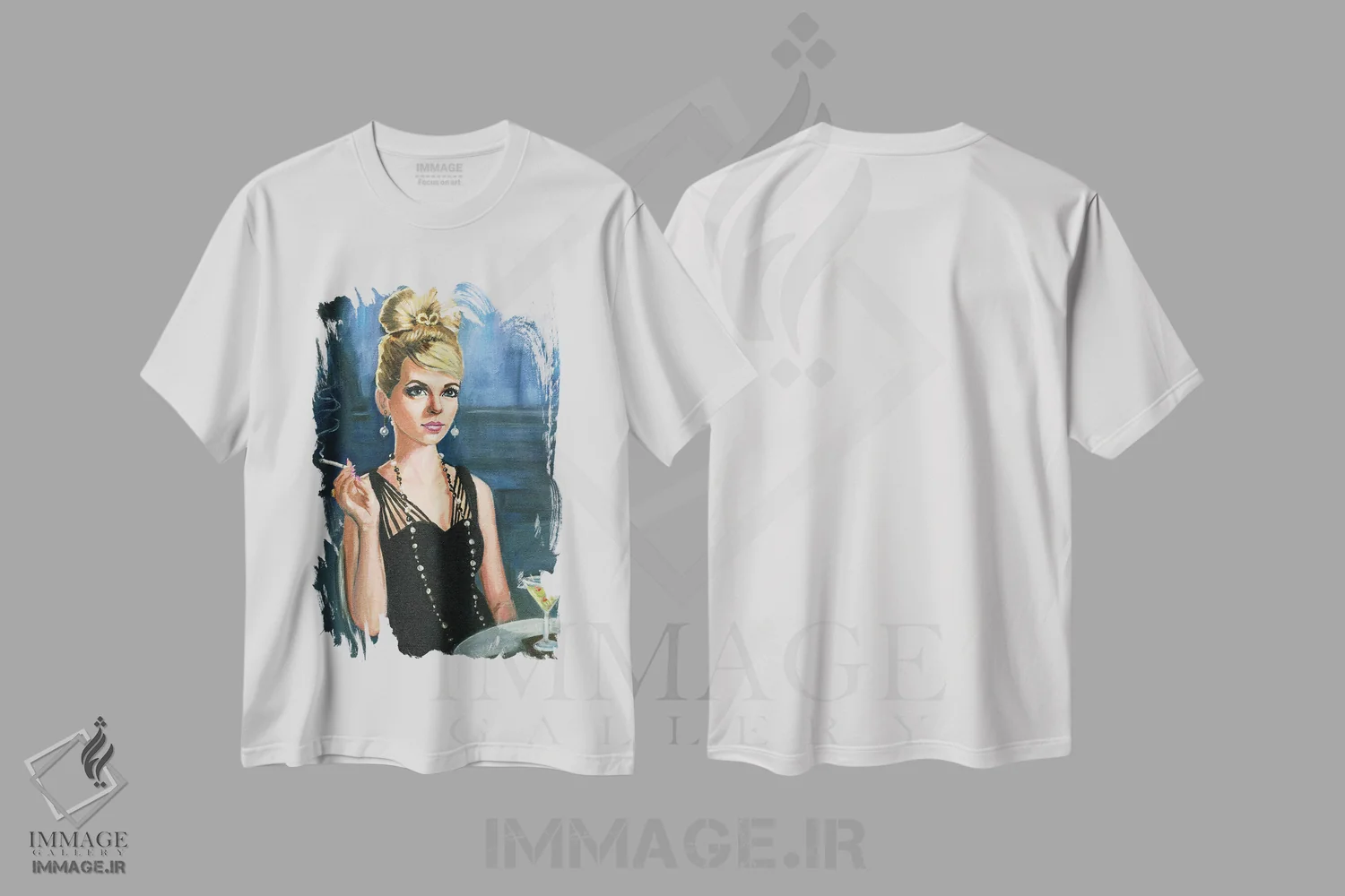 تیشرت سفید طرح دار پیراهن مشکی کوتاه، هنر فاخر معاصر اثر کتی مینگوس | فروشگاه ایماژ